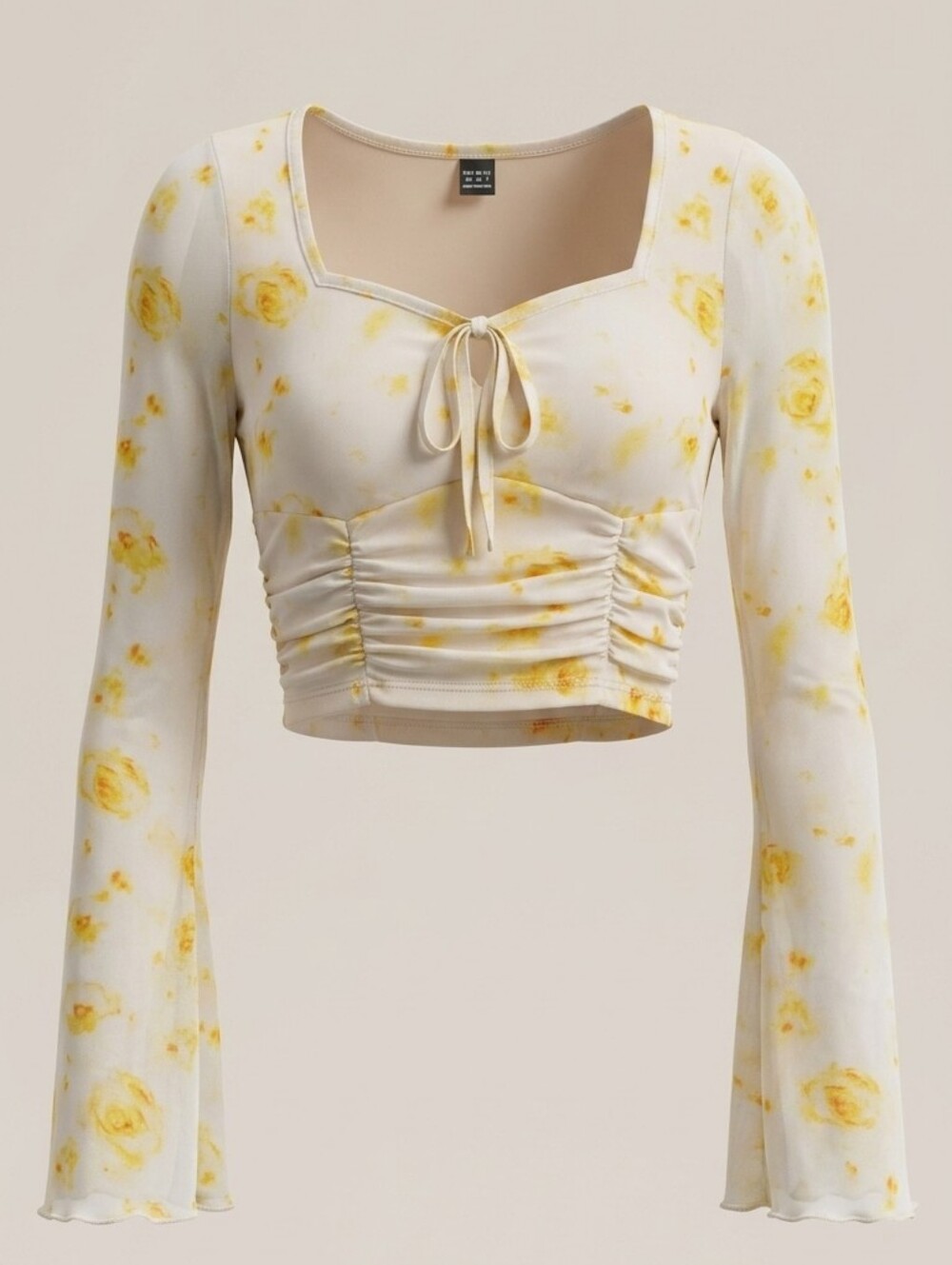 SHEIN Yellow Floral Tie-Front Ruched Mesh Long Sleeve Crop Top